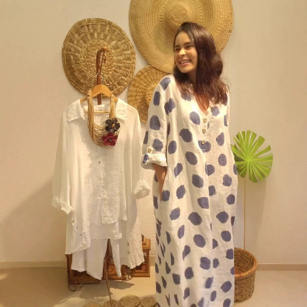 Forever 21 Casual Loose Fit Cotton Linen Polka Dot Long-Sleeve Maxi Dress